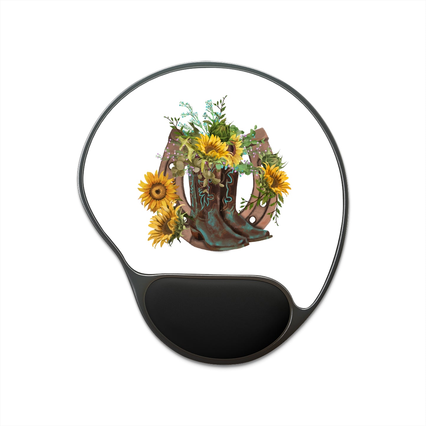 Mouse Pad With Wrist Rest - Western Boots with Sunflower and Horseshoe