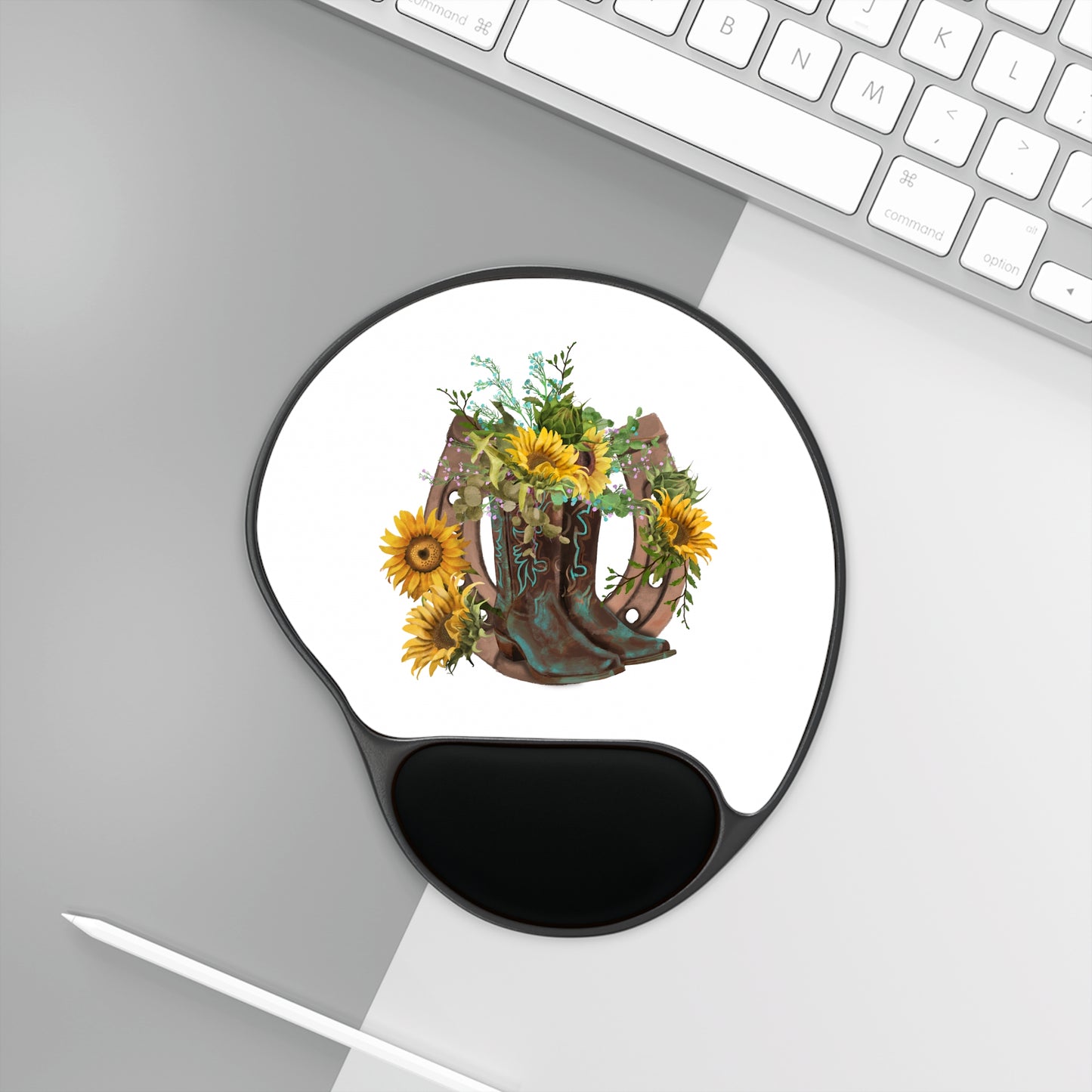 Mouse Pad With Wrist Rest - Western Boots with Sunflower and Horseshoe