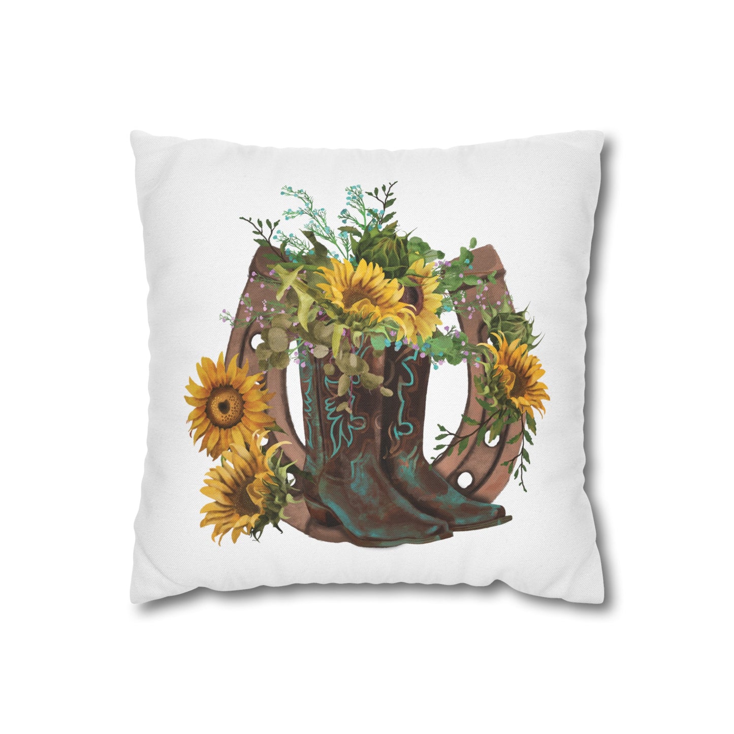 Square Pillowcase - Western Boots with Sunflower and Horseshoe