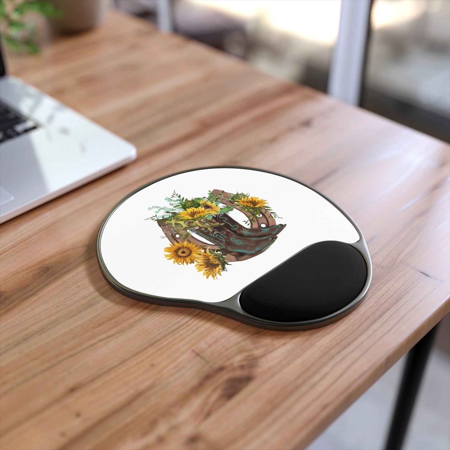 Mouse Pad With Wrist Rest - Western Boots with Sunflower and Horseshoe
