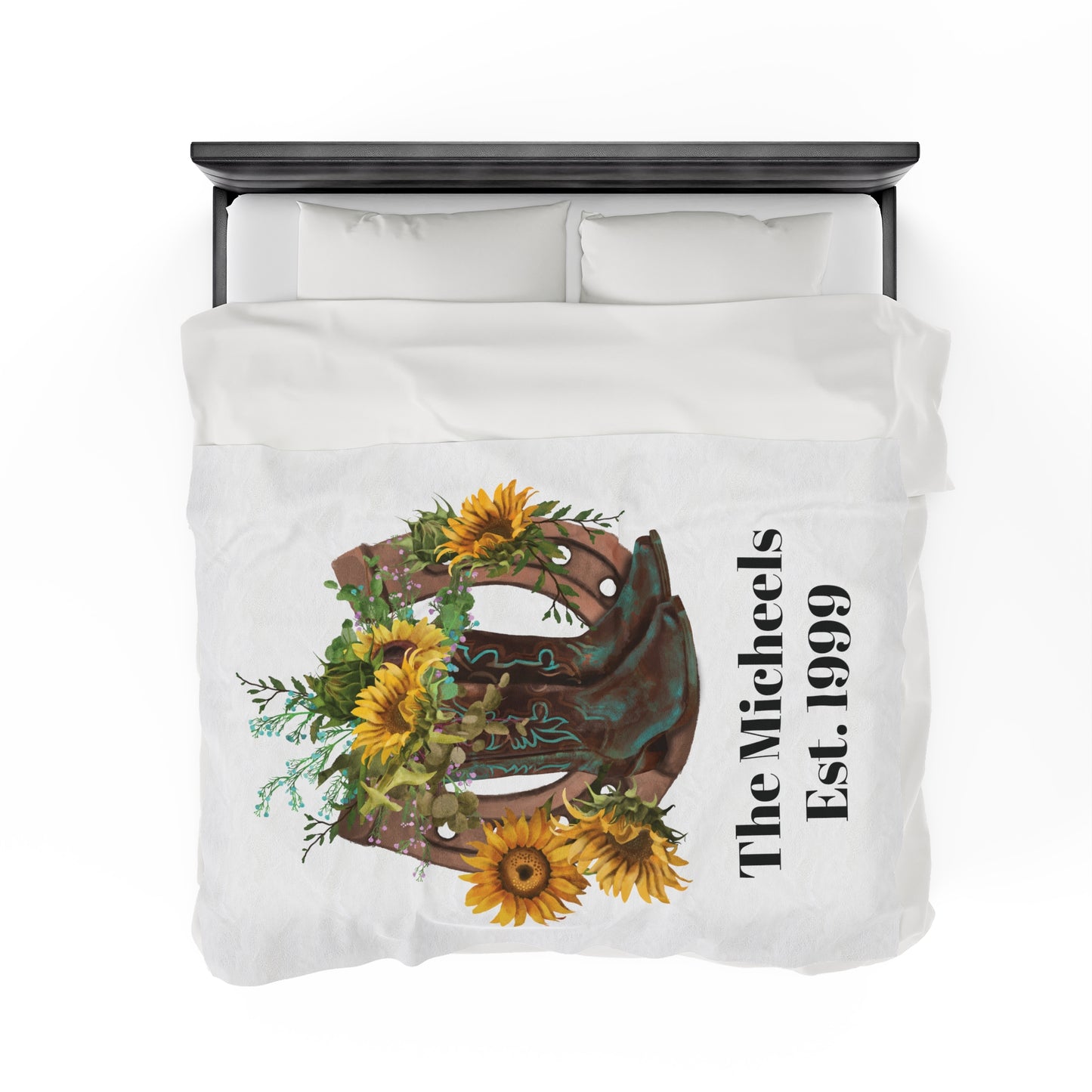 Velveteen Plush Blanket - Western Boots with Sunflowers and Horseshoe