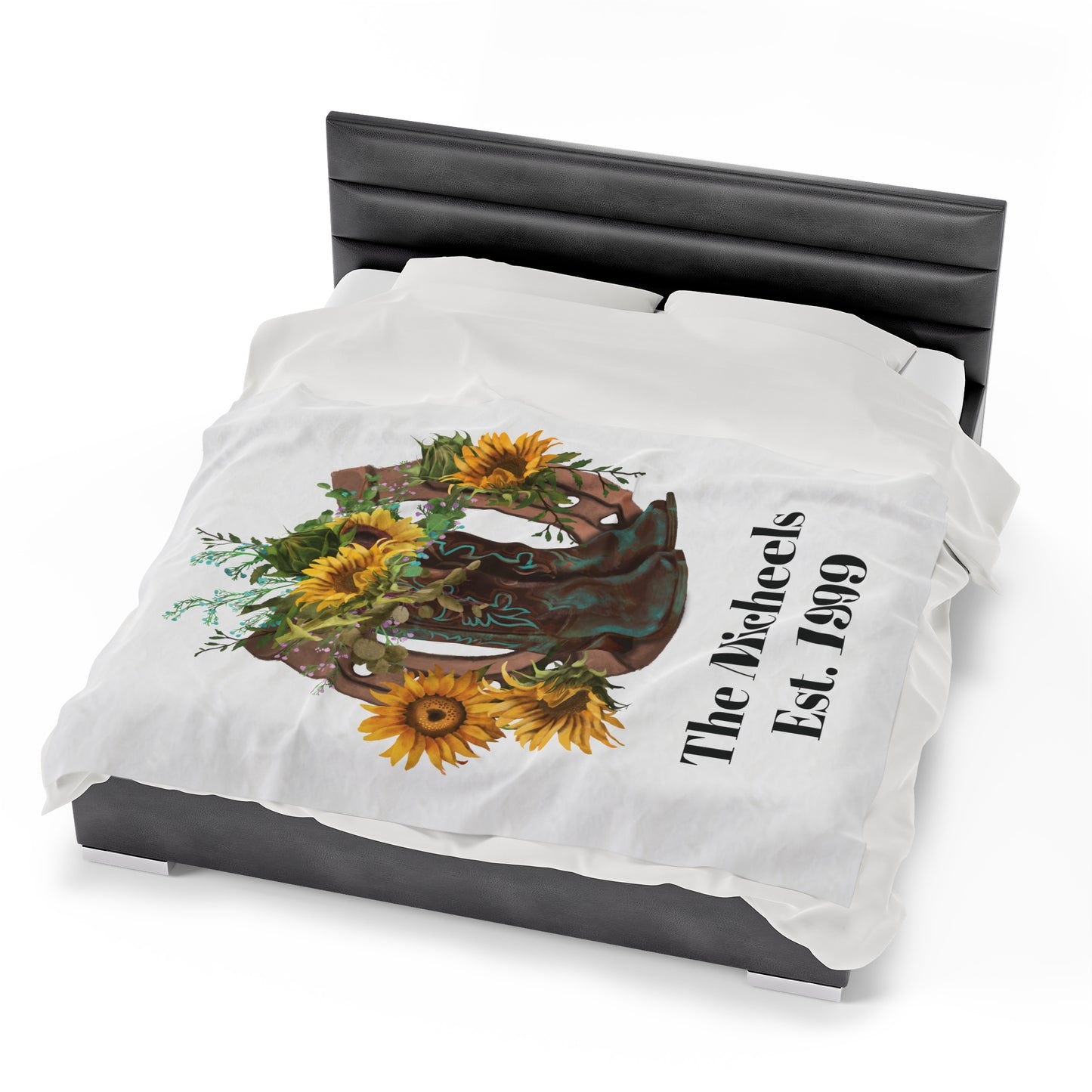 Velveteen Plush Blanket - Western Boots with Sunflowers and Horseshoe