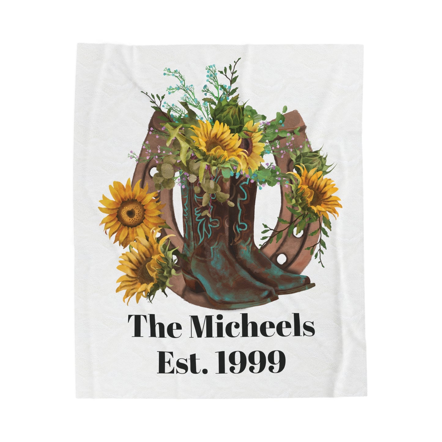 Velveteen Plush Blanket - Western Boots with Sunflowers and Horseshoe