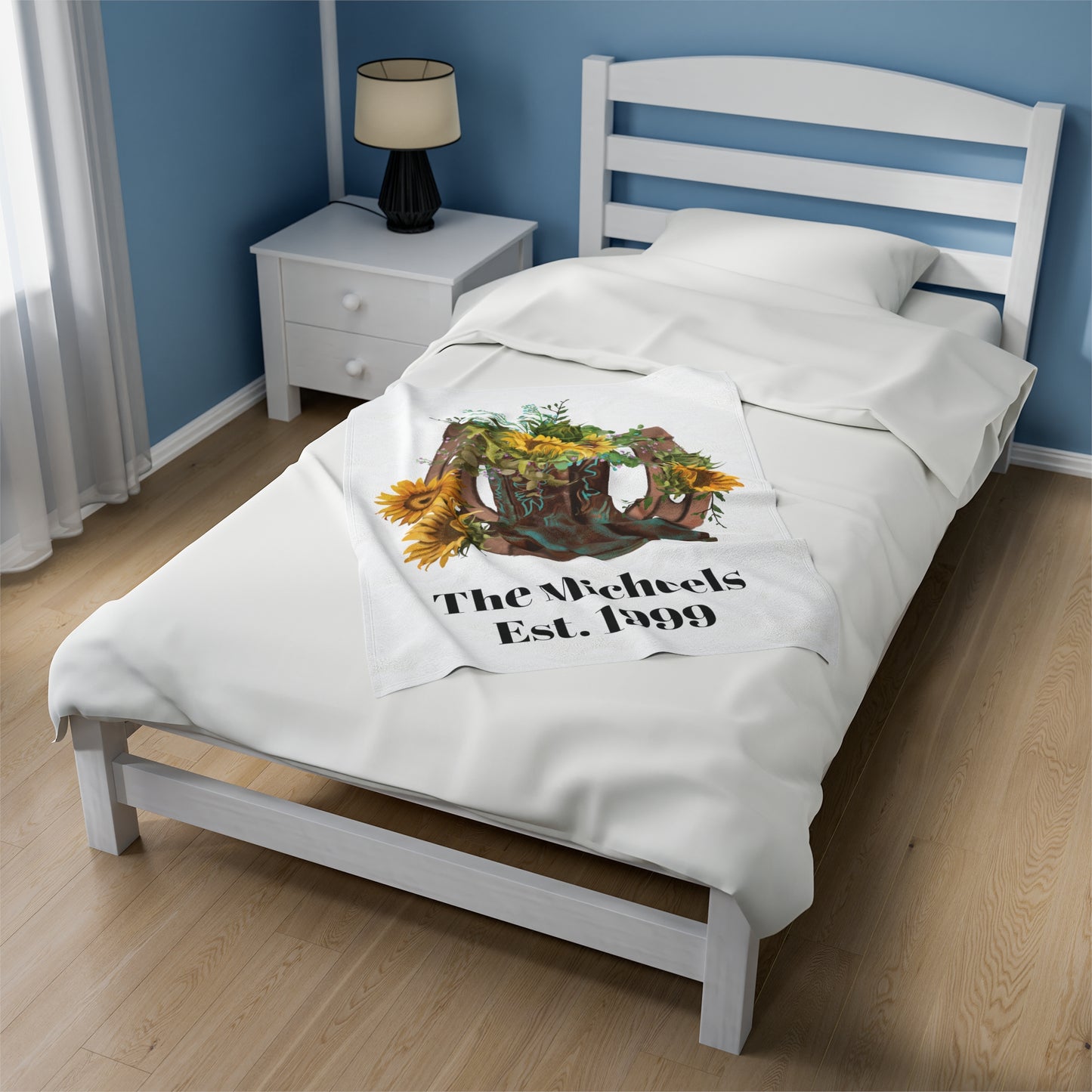 Velveteen Plush Blanket - Western Boots with Sunflowers and Horseshoe