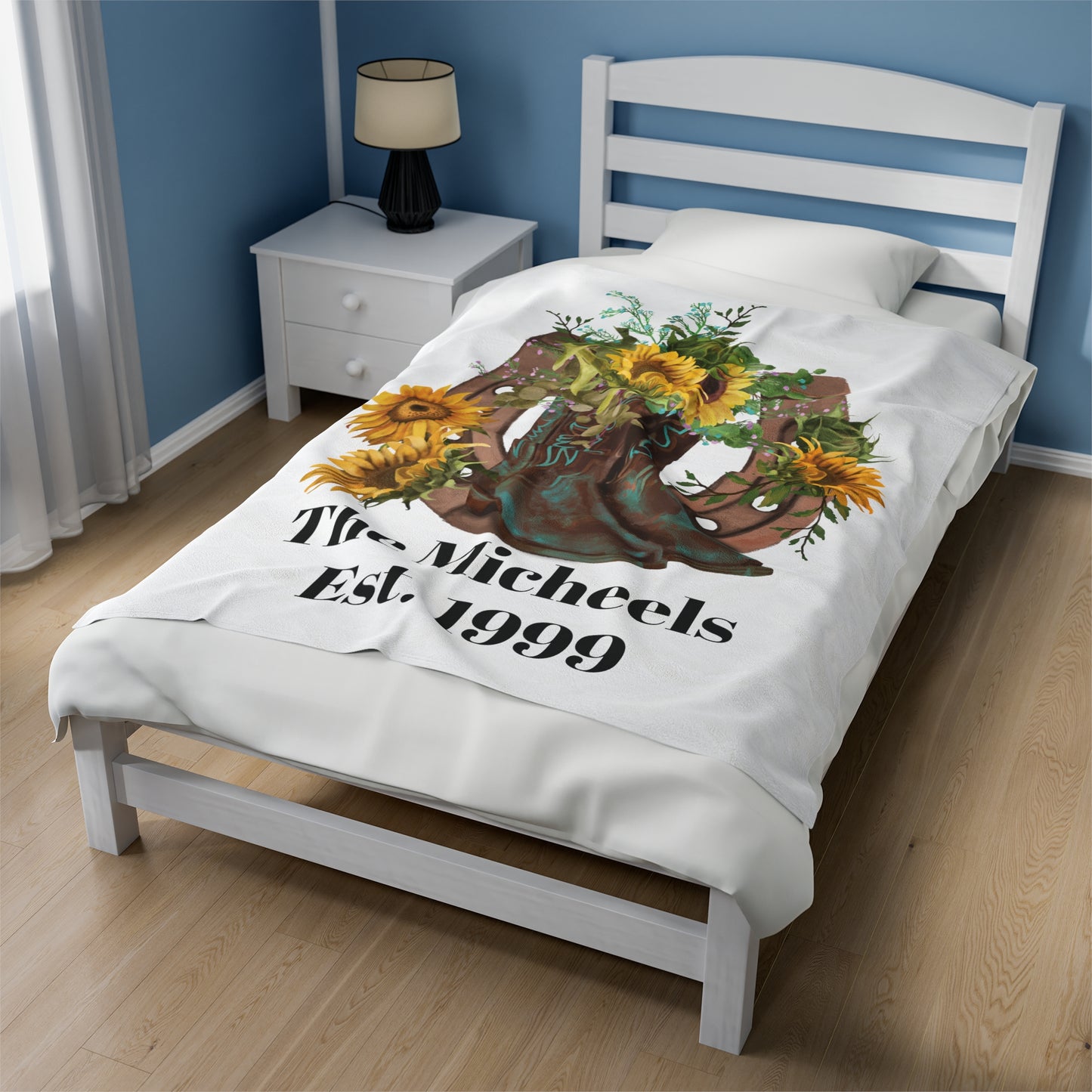 Velveteen Plush Blanket - Western Boots with Sunflowers and Horseshoe