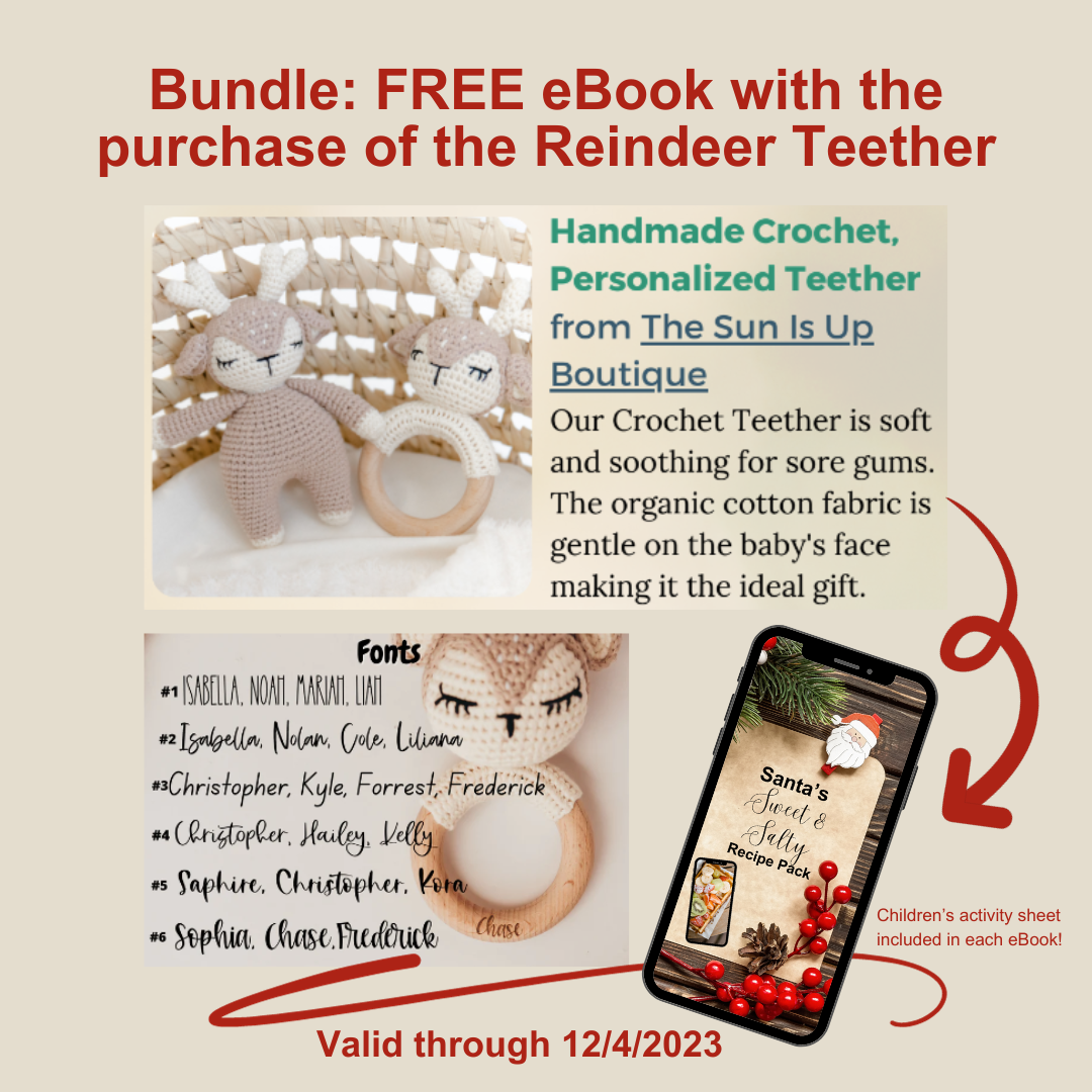 Bundle - FREE eBook with purchase of Handmade Teether - Crocheted Reindeer | made with wooden handle and organic cotton | Personalization (Optional)