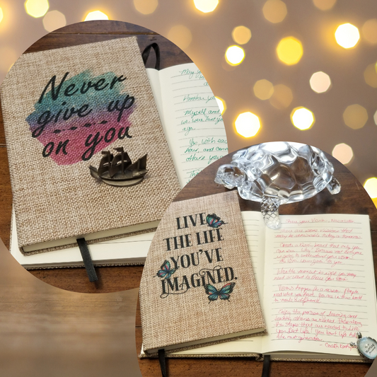 Bundle: Never Give Up and Live the Life - Journals - Burlap Cover/Lined Pages