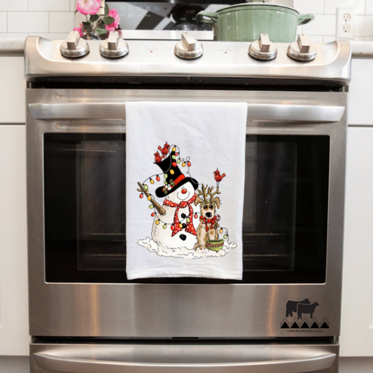 Snowman with Christmas lights, Cardinals, and a dog (Reindeer) - Kitchen Towel - Christmas
