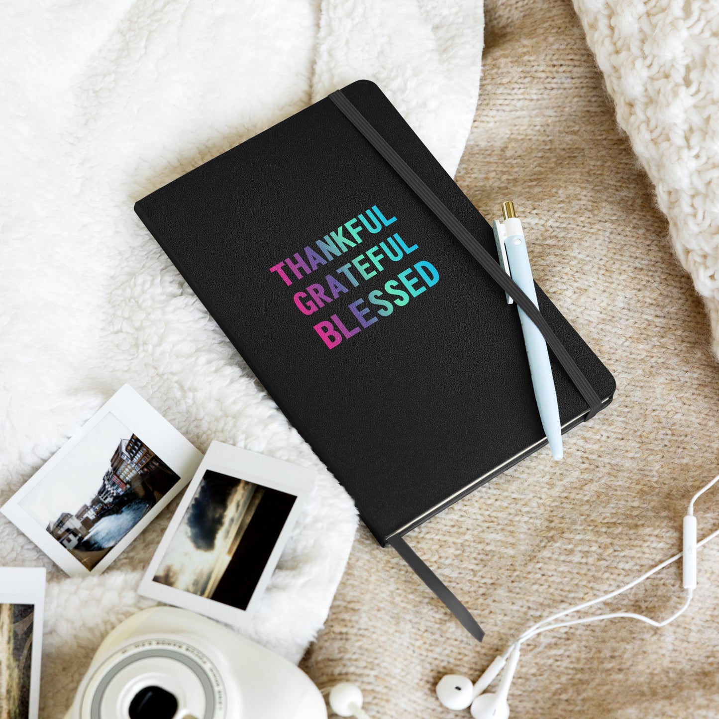 Thankful Grateful Blessed - Hardcover - Bound Notebook - Black with Strap