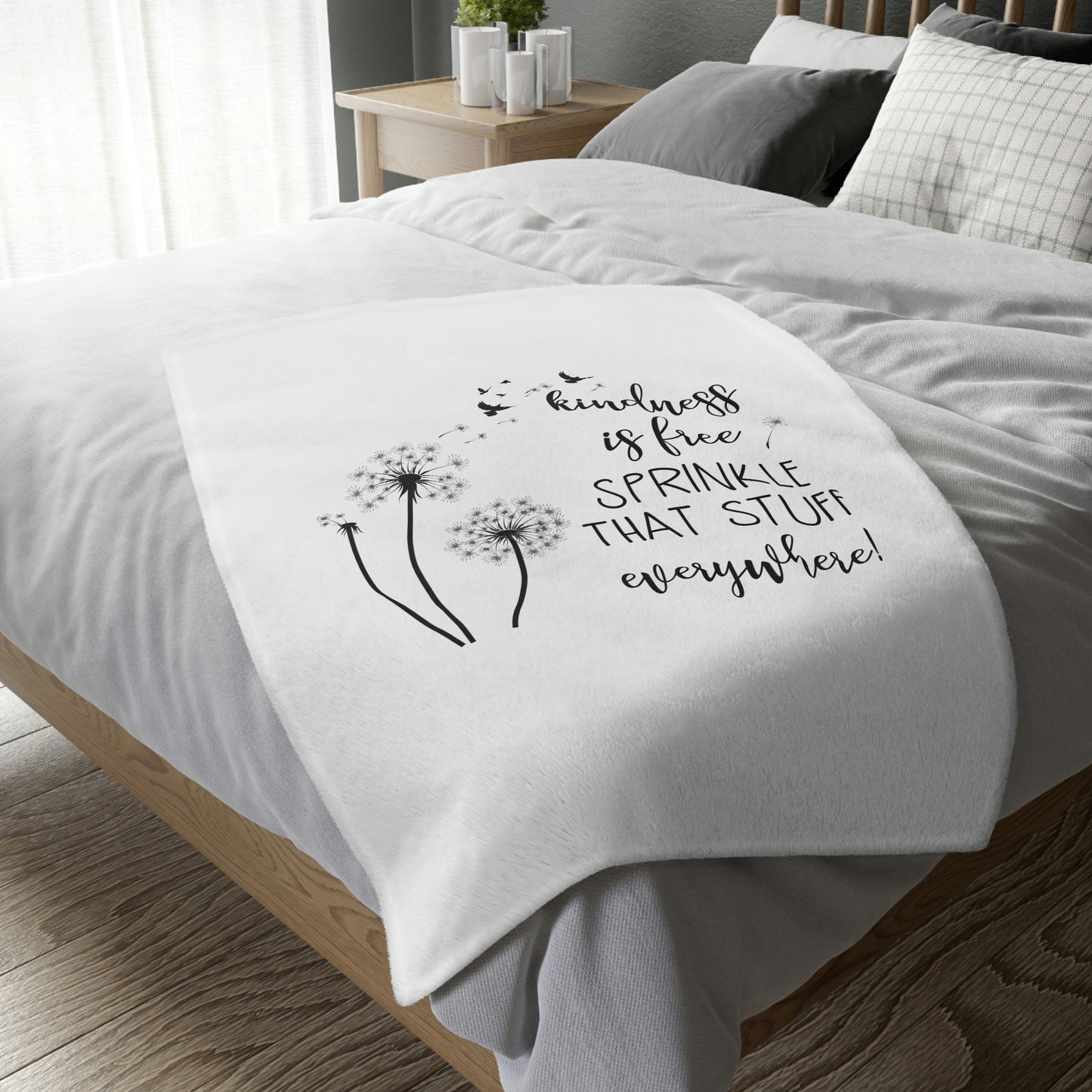 Sprinkle Kindness/Floral - Velveteen Minky Blanket (Two-sided print - white/pink)
